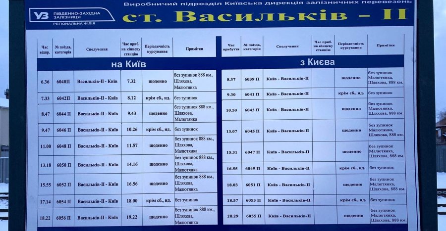 Розклад нової електрички Васильків-Київ.