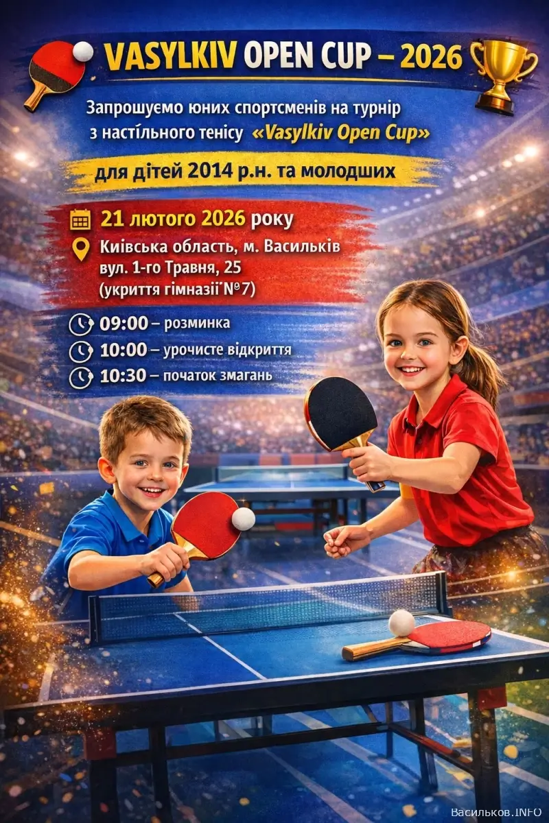 VASYLKIV OPEN CUP – 2026: у Василькові відбудеться дитячий турнір з настільного тенісу